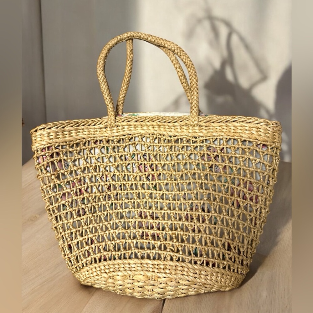 Vintage Woven Rattan Wicker Straw Floral Lined Shoulder Bag Beach Vacation